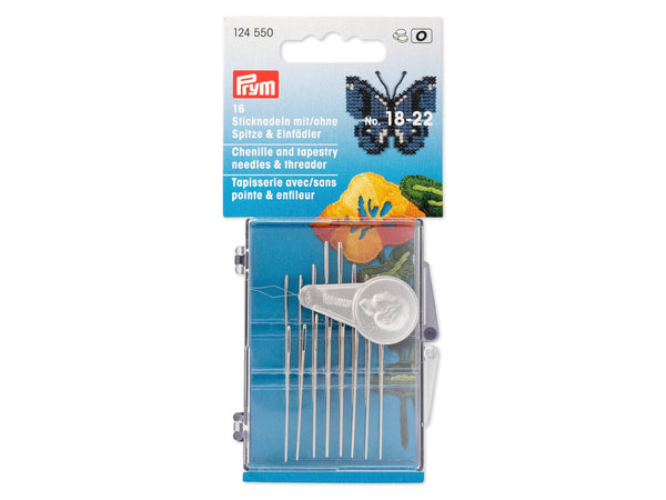 Prym 124550 Sticknadelsortiment mit / ohne Spitze & Einfädler - No. 18-22 - 16 Stück