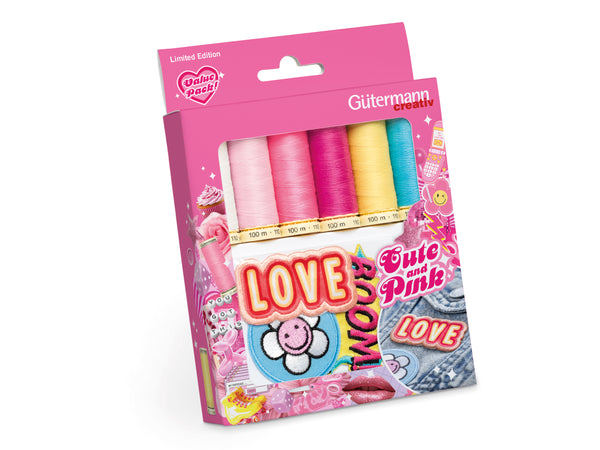 Gütermann 799752 Set Cute and Pink Limited Edition - 6 x 100m Allesnäher + 3 Applikationen zum Aufbügeln