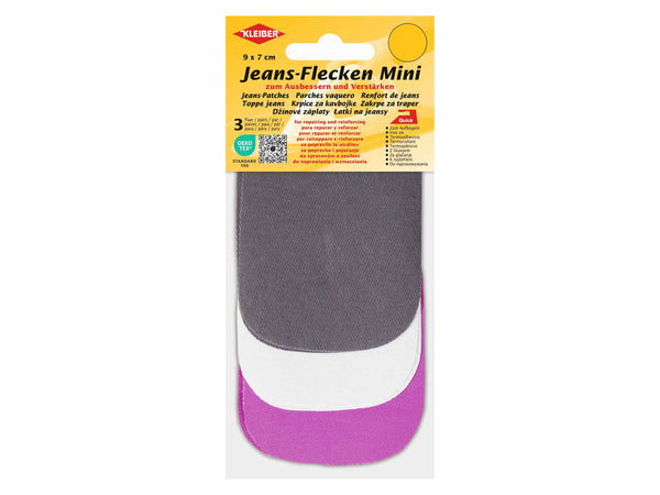 Kleiber 34904 Jeans-Flicken Mini - zum Ausbessern und Verstärken - grau-weiß-pink - ca. 9cm x 7cm - 3 Paar