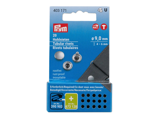 Prym 403171 Hohlnieten ø 9mm / 4 - 6mm rostfrei messing-silberfarbig - 20 Stück für Vario Creative Tool