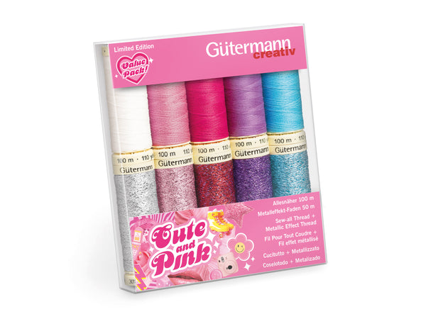 Gütermann 713323-1 Set Cute and Pink Limited Edition Nähgarn - 5 x 100m Allesnäher + 5 x 50m Metalleffekt-Faden W331