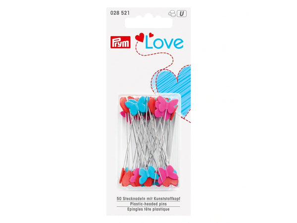 Prym Love 028521 Stecknadeln mit Herzen & Schmetterlingen Ø 0,6mm x 50mm - rot-türkis-pink - 50 Stück
