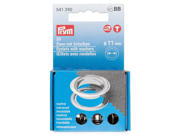 Prym 541390 Ösen mit Scheiben ø 11mm rostfrei messing-silberfarbig - 20 Stück für Vario Creative Tool