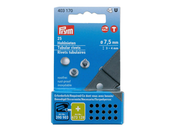 Prym 403170 Hohlnieten ø 7,5mm / 3 - 4mm rostfrei messing-silberfarbig - 25 Stück für Vario Creative Tool