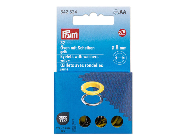 Prym 542524 Ösen mit Scheiben gelb - Ø 8mm - 32 Stück, kompatibel mit dem Vario Creative Tool