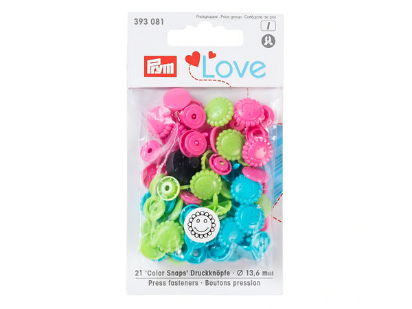 Prym Love 393081 Nähfrei Druckknöpfe Color Snaps Blume 13,6mm türkis-grün-pink 21 Stück