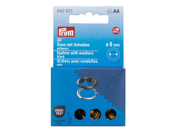 Prym 542521 Ösen mit Scheiben schwarz - Ø 8mm - 32 Stück, kompatibel mit dem Vario Creative Tool