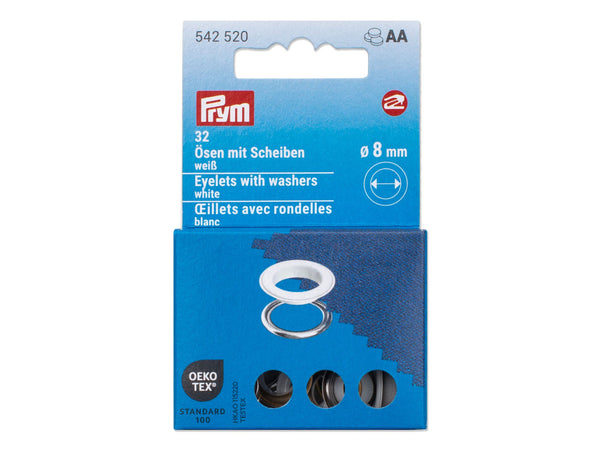 Prym 542520 Ösen mit Scheiben weiß - Ø 8mm - 32 Stück, kompatibel mit dem Vario Creative Tool