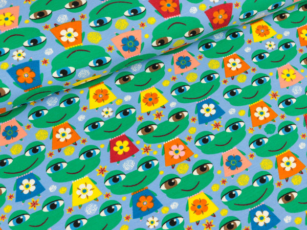 Baumwolljersey Quak Quak Frösche auf Hellblau