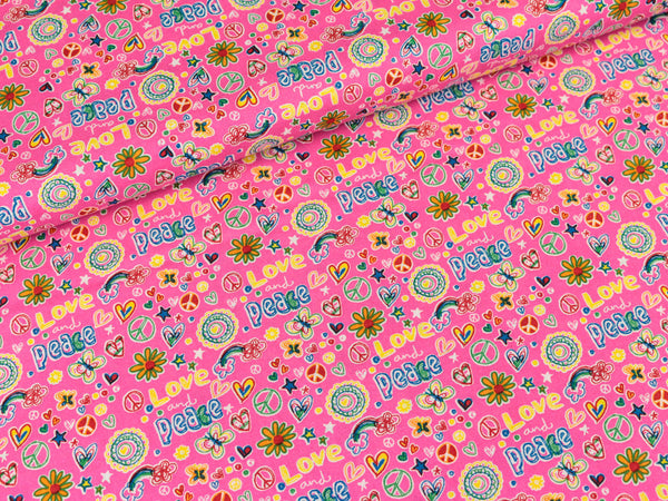Baumwollstoff Love&Peace pink-bunt
