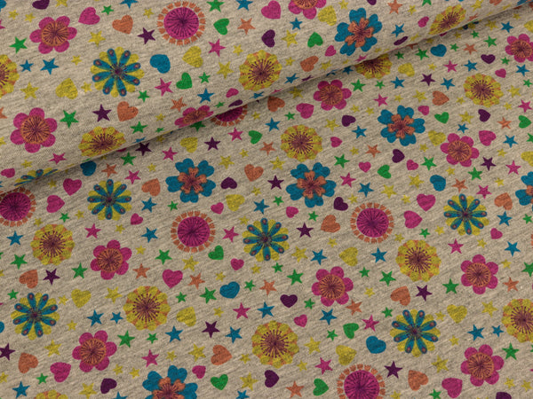 Baumwolljersey Blumen bunt auf hellgrau meliert
