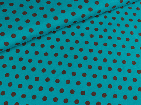 Baumwolljersey Punkte braun auf Petrol