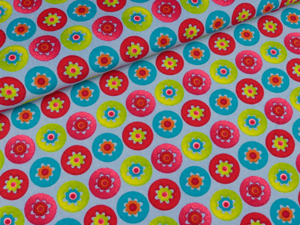 Feincord Pickwick Blumenkreise auf Rauchblau