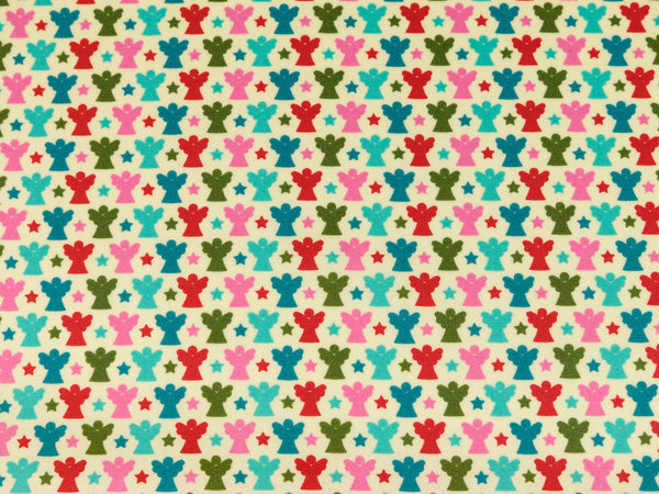 Laminierter Baumwollstoff Joyful Christmas Engel bunt auf creme