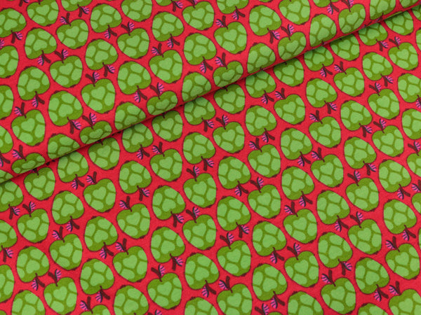 Baumwolljersey My Leni Apples apfelgrün auf Rot