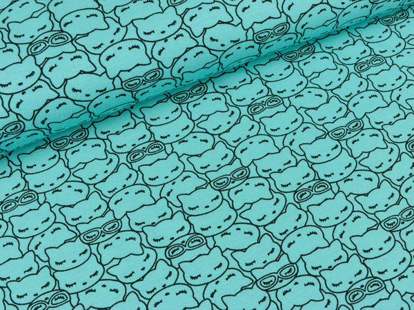 Baumwolljersey Malo Sleeping Cat schwarz auf Helltürkis