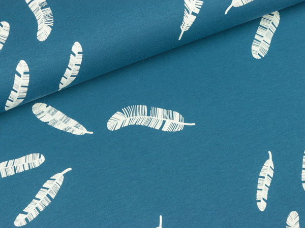 Baumwolljersey/Interlock Kenny Federn auf Jeansblau