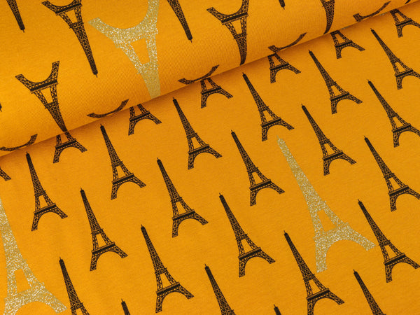 Baumwolljersey Eiffelturm senfgelb mit goldenem Glitzer