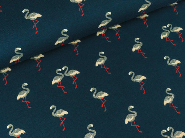 Baumwolljersey Flamingos dunkelblau mit silbernem Glitzer