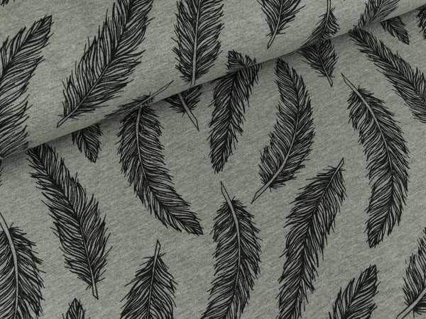 Reststück 47cm - Sweatshirtstoff Bielefeld Federn schwarz auf  hellgrau meliert