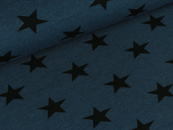 Reststück 50cm - Baumwolljersey Kito Sterne schwarz auf jeansblau meliert