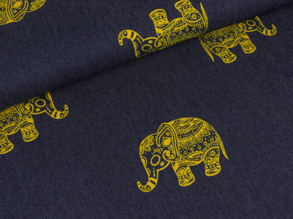 Leichter Jeansstoff Hauke Elefanten auf Jeansblau
