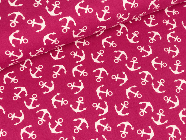 Reststück 15cm - Baumwolljersey Verena Anker weiß auf Erika