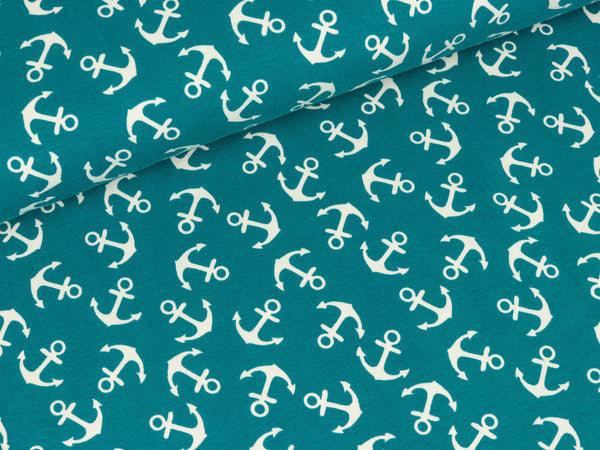 Reststück 34cm - Baumwolljersey Verena Anker weiß auf Petrol