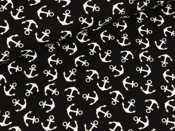 Reststück 84cm - Baumwolljersey Verena Anker weiß auf Schwarz
