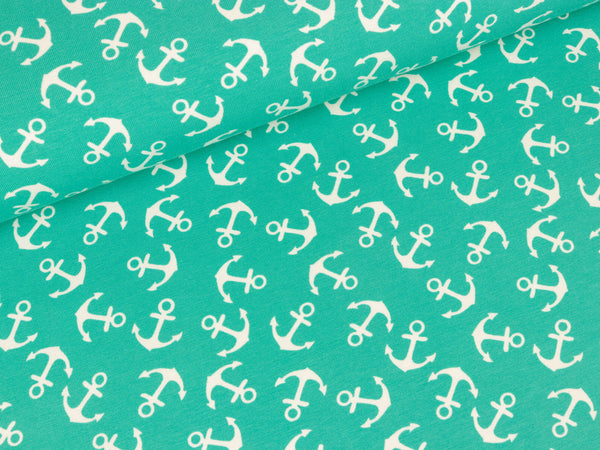 Reststück 66cm - Baumwolljersey Verena Anker weiß auf Mint