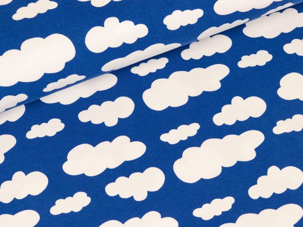 Reststück 95cm - Baumwolljersey Verena Wolken weiß auf Royalblau