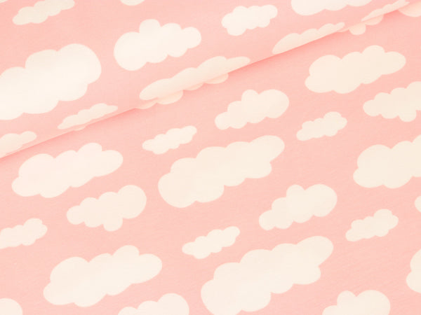 Reststück 21cm - Baumwolljersey Verena Wolken weiß auf Rosa