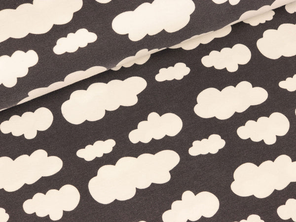 Reststück 53cm - Baumwolljersey Verena Wolken weiß auf Dunkelgrau