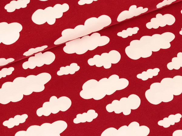 Reststück 81cm - Baumwolljersey Verena Wolken weiß auf Burgundy