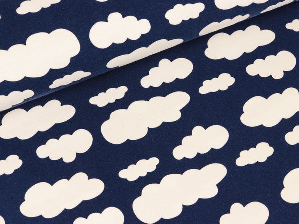 Reststück 86cm - Baumwolljersey Verena Wolken weiß auf Dunkelblau