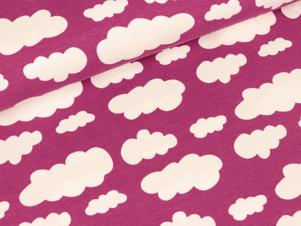 Reststück 79cm - Baumwolljersey Verena Wolken weiß auf Beere