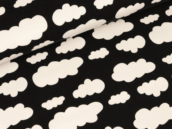 Reststück 29cm - Baumwolljersey Verena Wolken weiß auf Schwarz