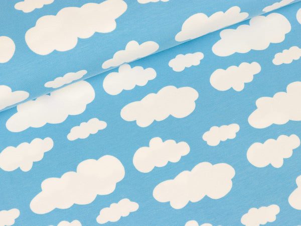 Reststück 23cm - Baumwolljersey Verena Wolken weiß auf Hellblau