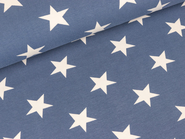 Reststück 57cm - Baumwolljersey Verena Große Sterne weiß auf Rauchblau