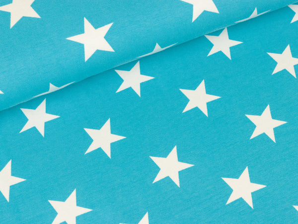 Reststück 22cm - Baumwolljersey Verena Große Sterne weiß auf Türkis