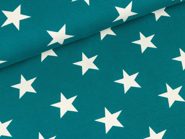 Reststück 40cm - Baumwolljersey Verena Große Sterne weiß auf Petrol