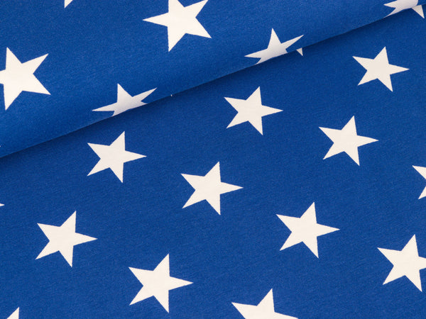 Reststück 38cm - Baumwolljersey Verena Große Sterne weiß auf Royalblau