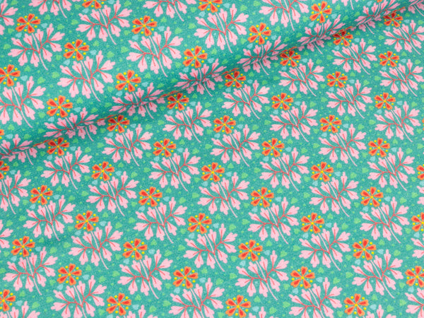 Baumwolljersey Flora Blumensträuße auf Smaragd