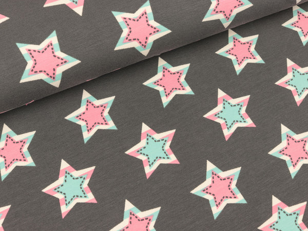 Baumwolljersey Star Patch grau-rosa-weiß-hellblau