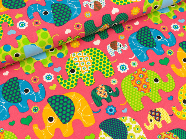 Baumwolljersey Bunte Elefanten auf Himbeere