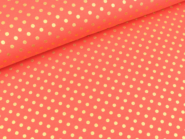 Metallic Baumwolljersey Mary Punkte gold auf Koralle