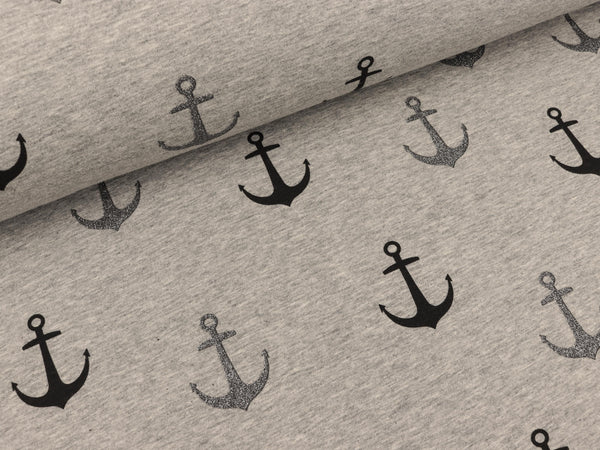 Baumwollsweat Anker jeansblau-schwarz auf Hellgrau mit Glitzer