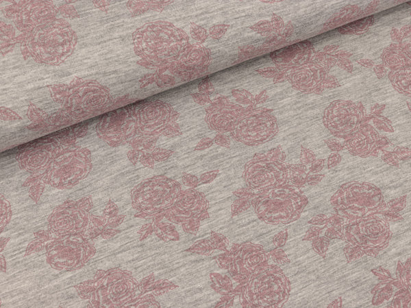 Viscosejersey Romantic Roses altrosa auf hellgrau meliert