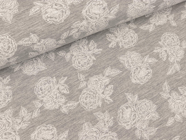 Viscosejersey Romantic Roses weiß auf hellgrau meliert
