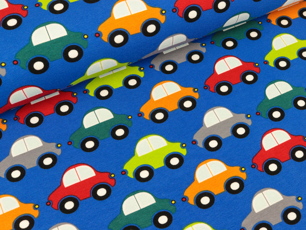 Baumwolljersey Vicente Retro Autos bunt auf Royalblau
